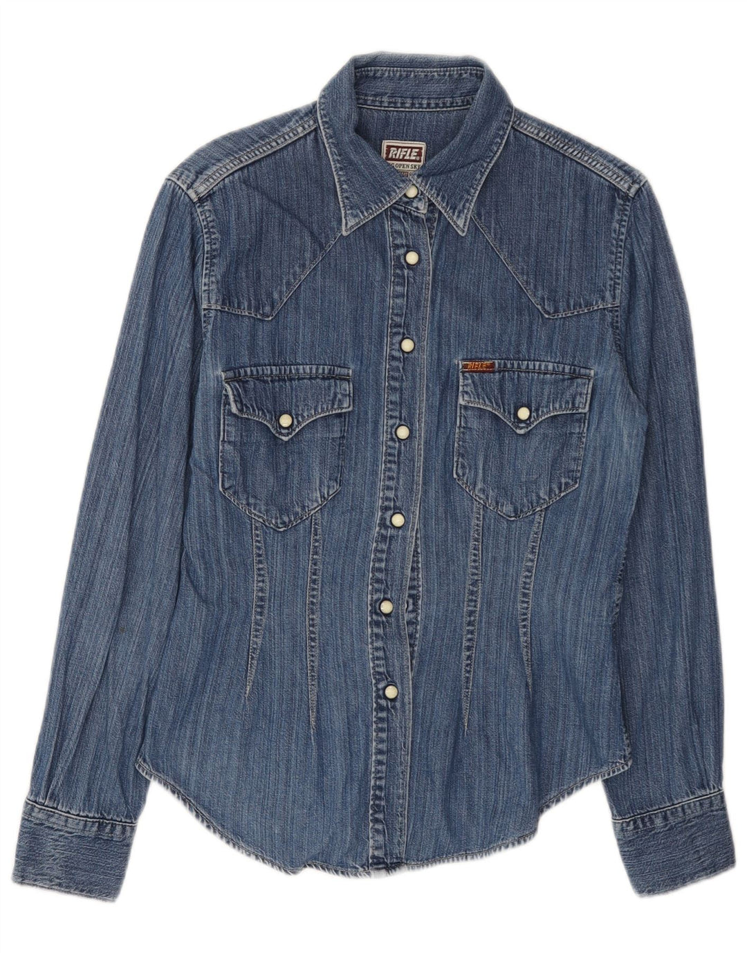 RIFLE Camicia in denim da donna UK 10 Piccolo cotone blu