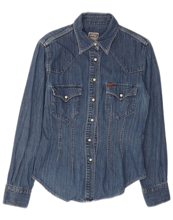 RIFLE Camicia in denim da donna UK 10 Piccolo cotone blu