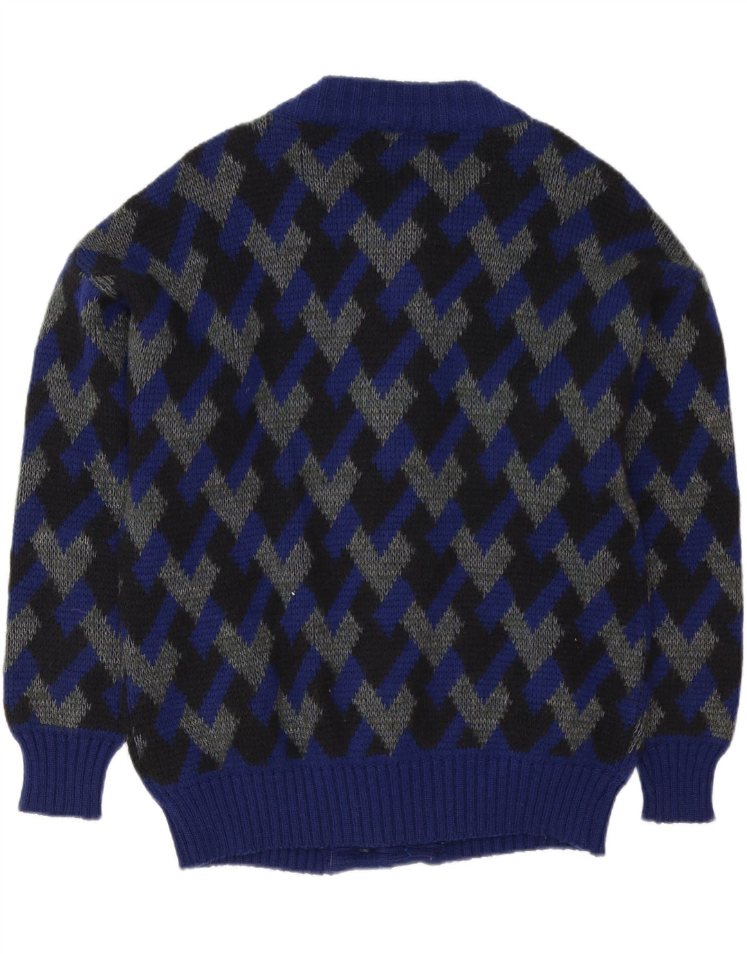 Maglione cardigan da uomo vintage IT 52 Grande lana geometrica blu navy