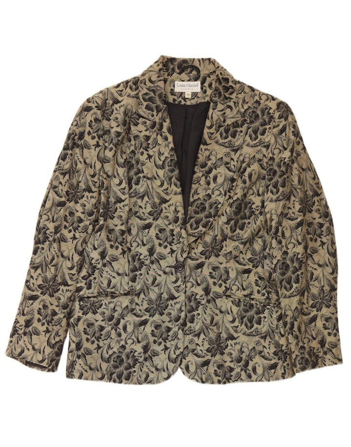 LOUIS CHARLES Womens 1 Button Blazer Jacket UK 14 Medium Khaki Floral