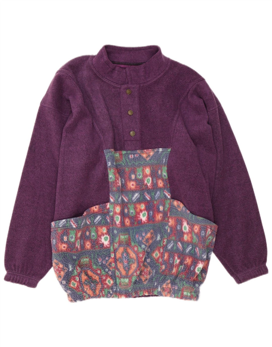Maglione in pile da uomo vintage con collo a bottoni, grande viola geometrico