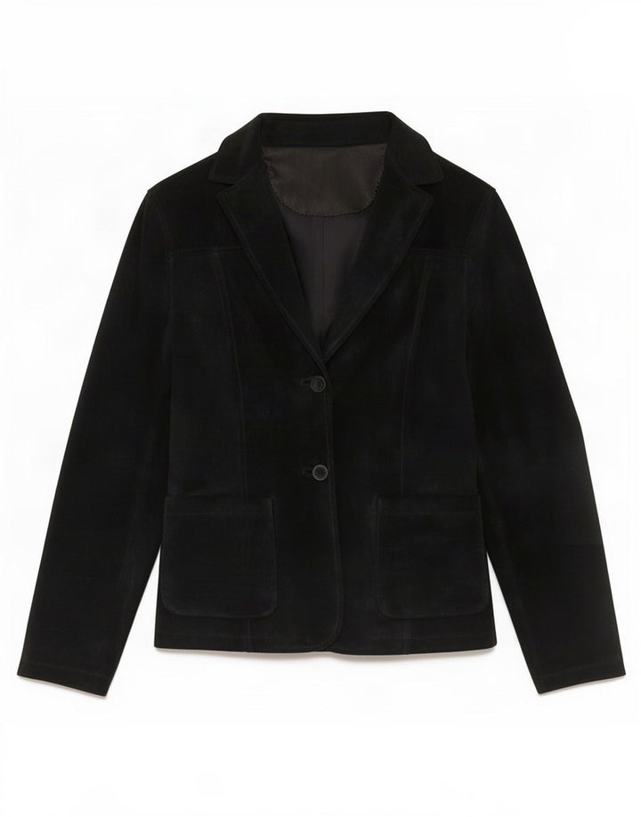 Giacca blazer vintage in pelle scamosciata da donna a 2 bottoni UK 10 piccola in pelle nera