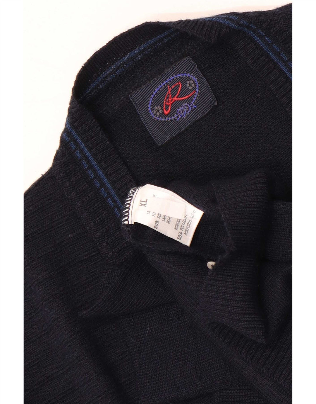 Maglione cardigan grafico da uomo vintage XL in lana blu navy