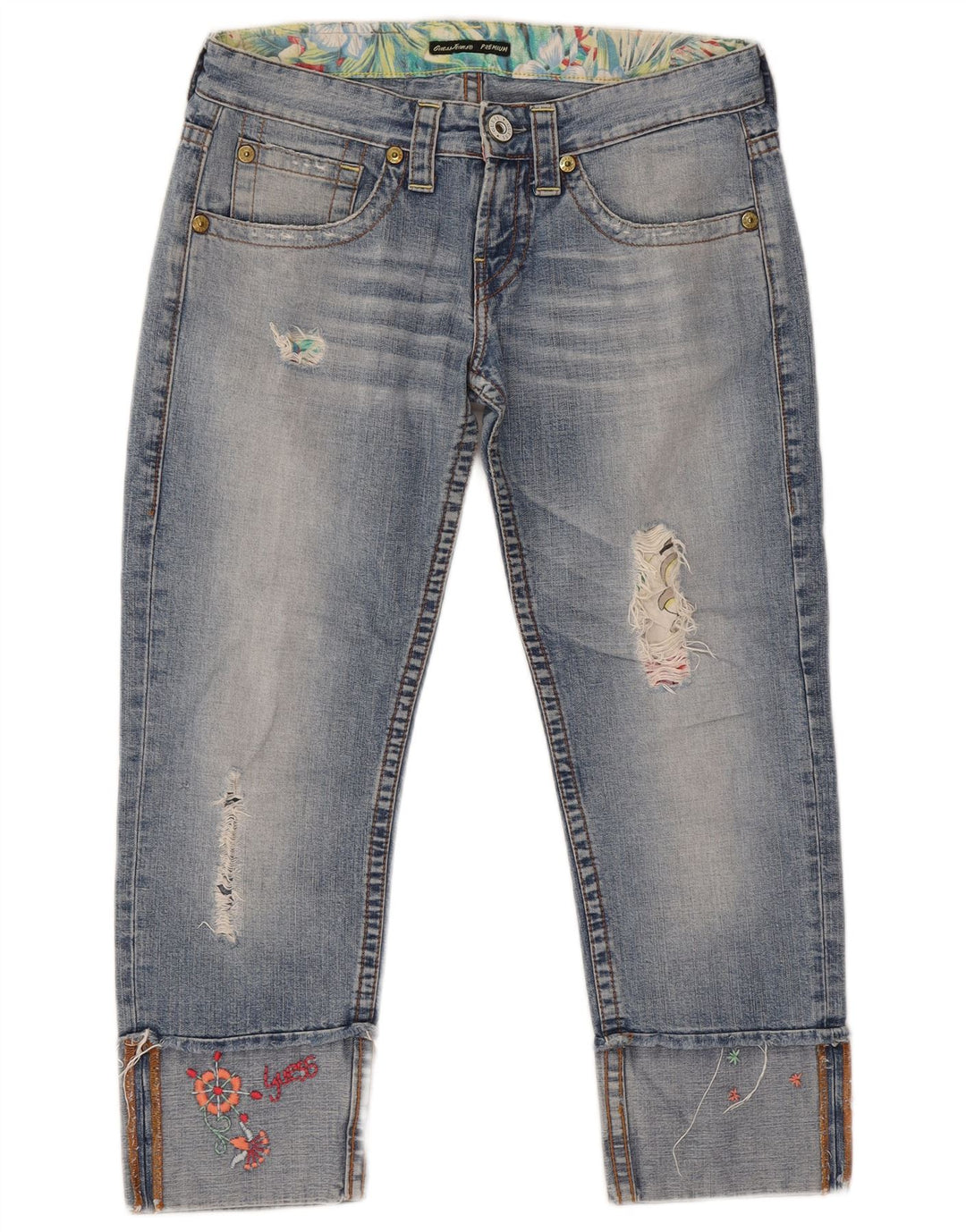 Jeans cropped invecchiati Guess da donna W28 L24 cotone blu