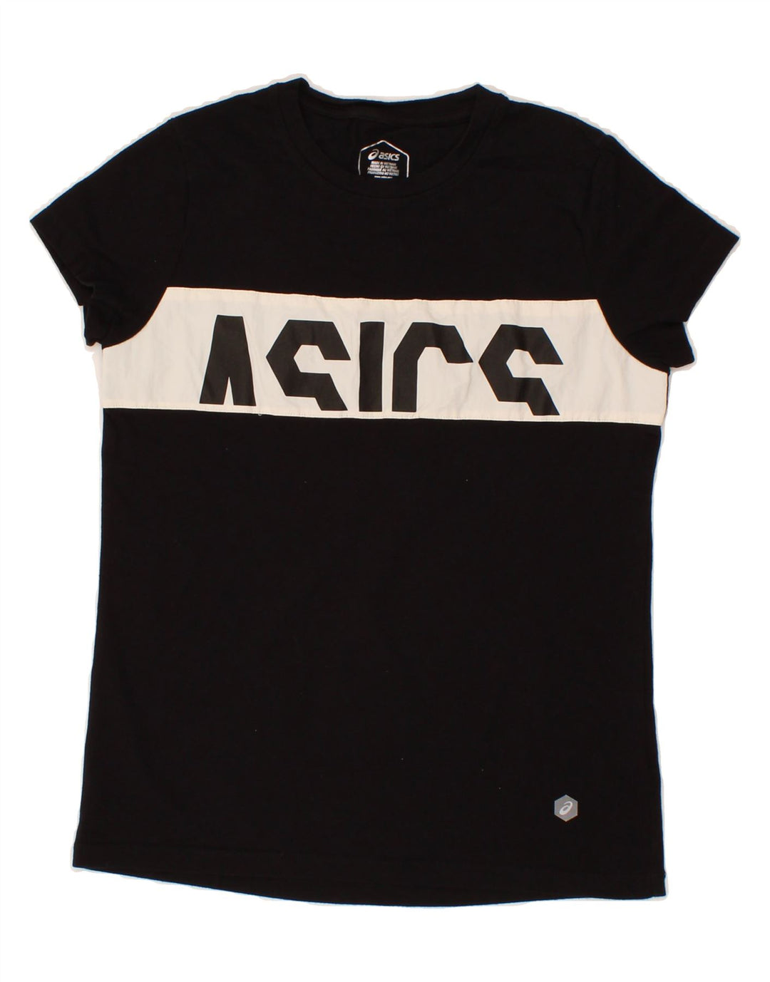 ASICS Womens Graphic T-Shirt Top UK 10 Small Black Cotton Vintage Asics and Second-Hand Asics from Messina Hembry 