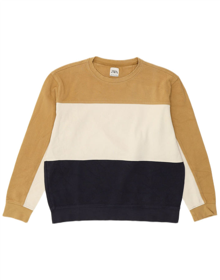 Zara Uomo Felpa Maglione Grande Beige Colorblock Cotone
