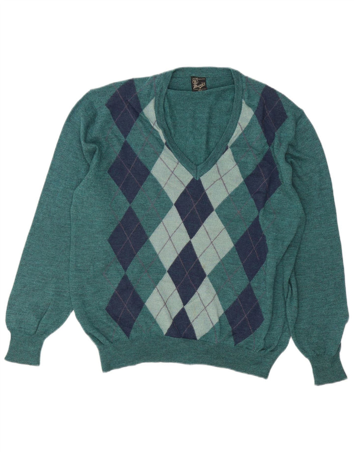 Maglione da uomo con scollo a V Mapier, lana verde medio a rombi/diamante