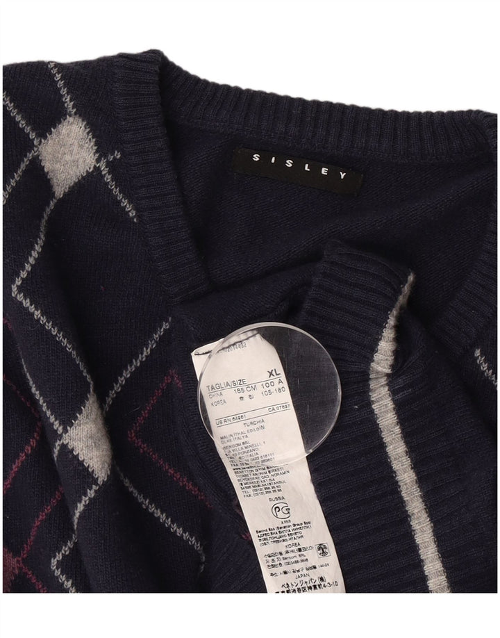 Maglione da uomo con scollo a V Sisley XL blu navy a rombi/lana diamante