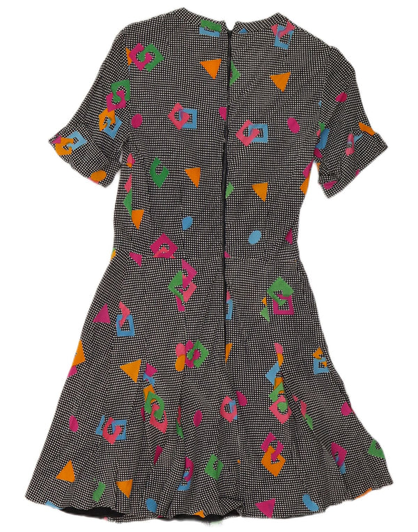 Abito a trapezio da donna vintage UK 8 piccolo motivo geometrico multicolore