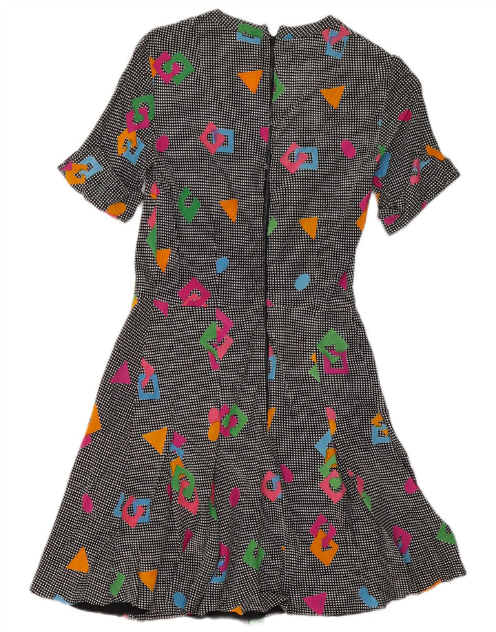 Abito a trapezio da donna vintage UK 8 piccolo motivo geometrico multicolore