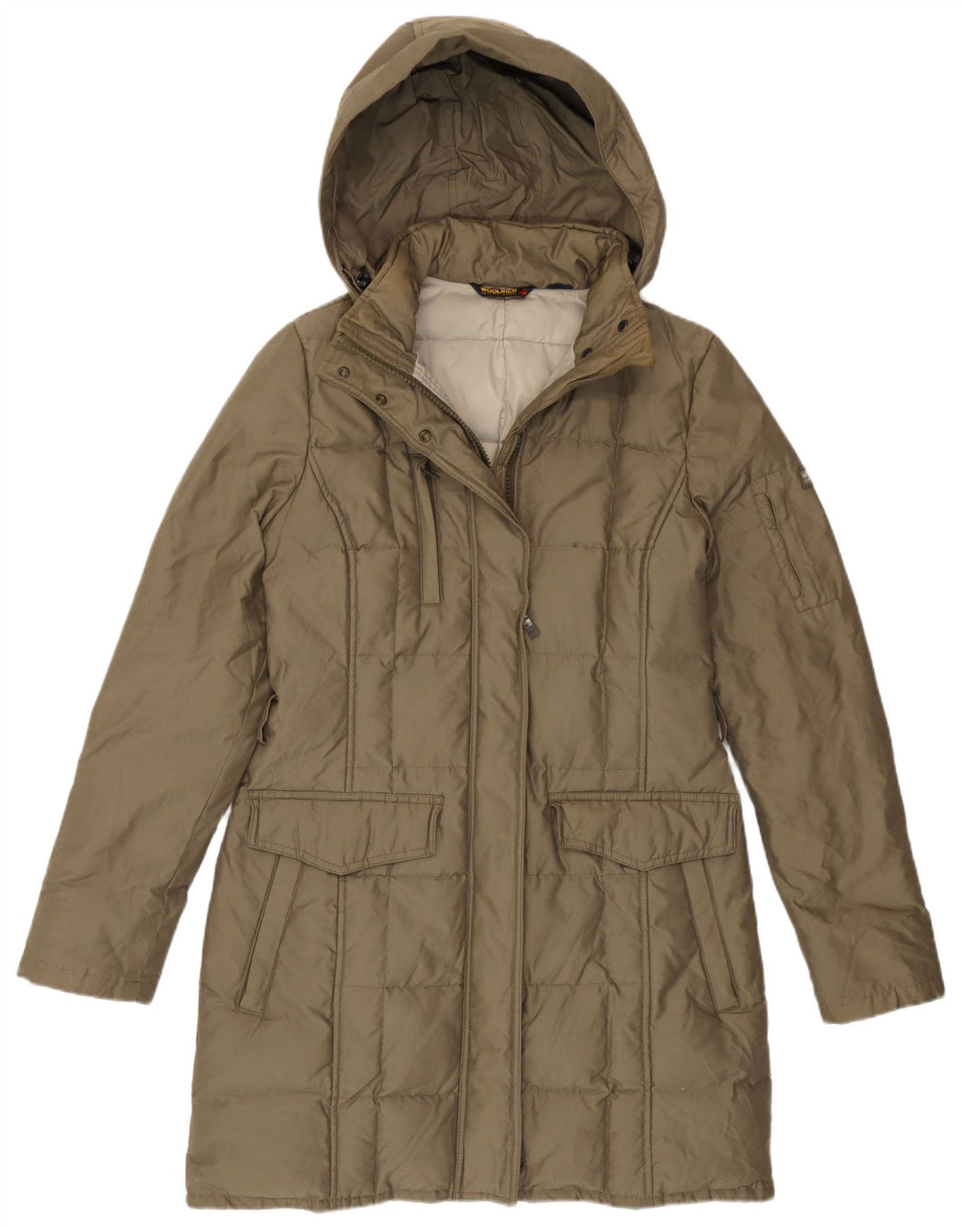 Cappotto imbottito con cappuccio da donna Woolrich UK 14 cotone kaki medio