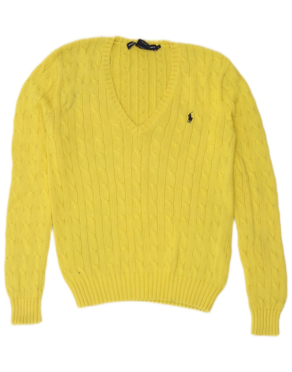 Maglione maglione con scollo a V da donna Ralph Lauren UK 14 grande cotone giallo