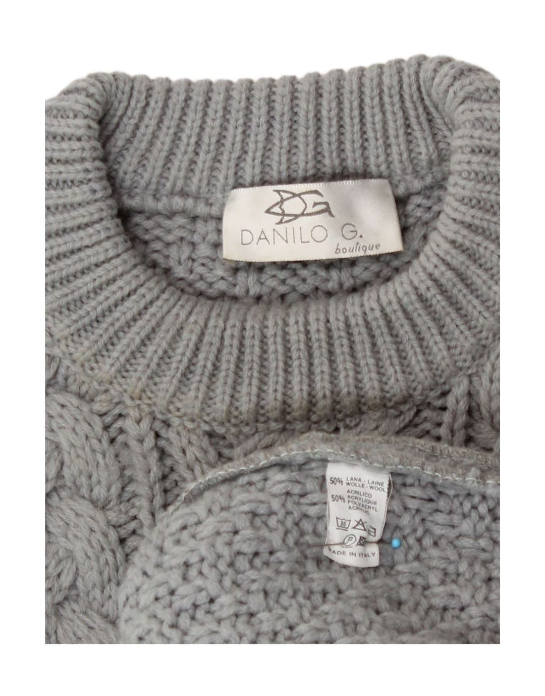 Maglione girocollo da uomo vintage in lana grigia grande