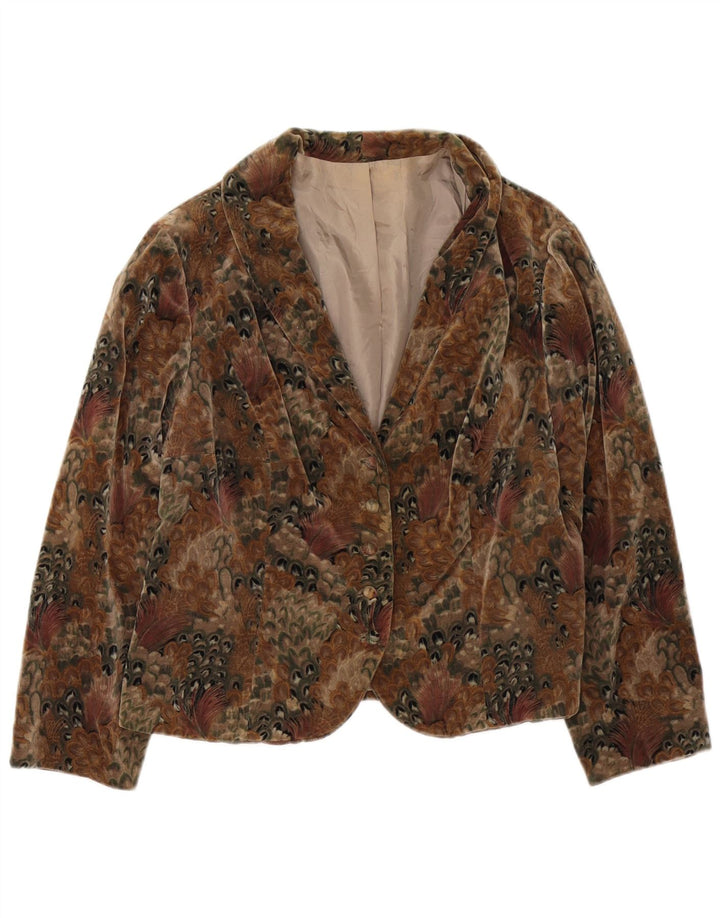 Giacca blazer vintage da donna in velluto a 4 bottoni UK 14 marrone medio floreale