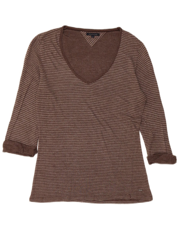 TOMMY HILFIGER Top da donna manica 3/4 UK 14 grandi righe marroni