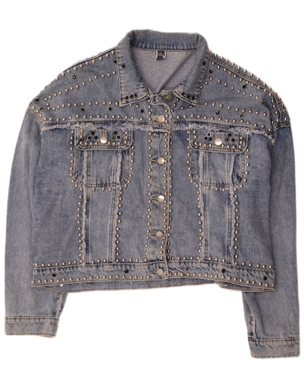 Giacca di jeans vintage da donna vestibilità rilassata UK 12 grande cotone maculato blu