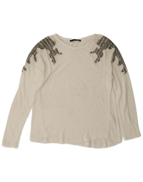 Top Zara da donna a maniche lunghe UK 10 piccolo in cotone bianco