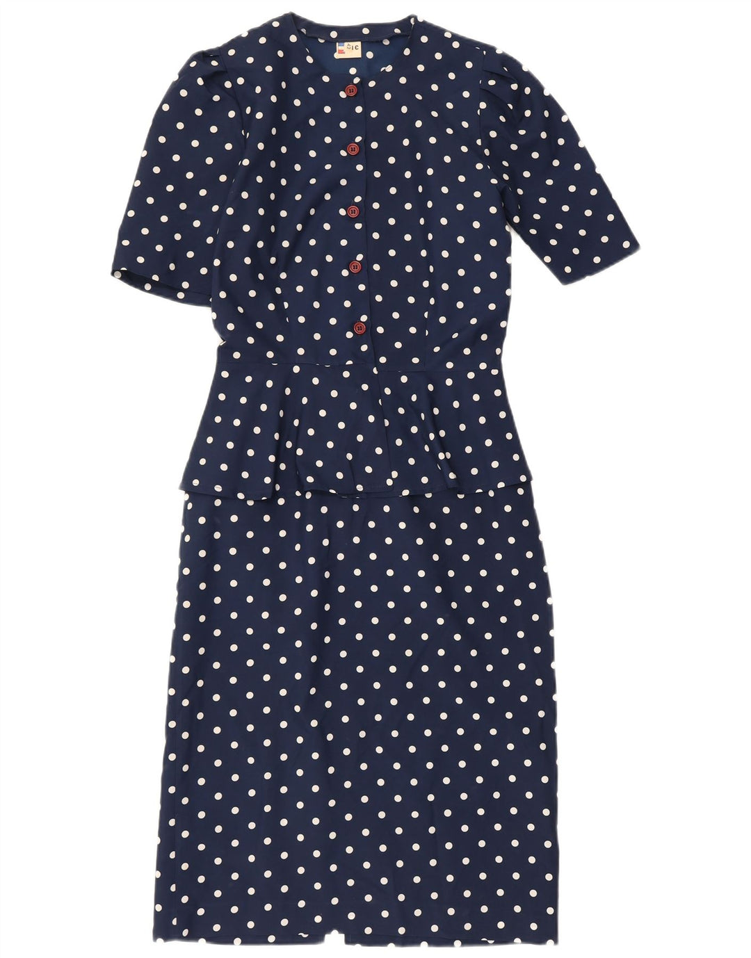 Abito peplo da donna vintage IT 42 Poliestere medio a pois blu navy