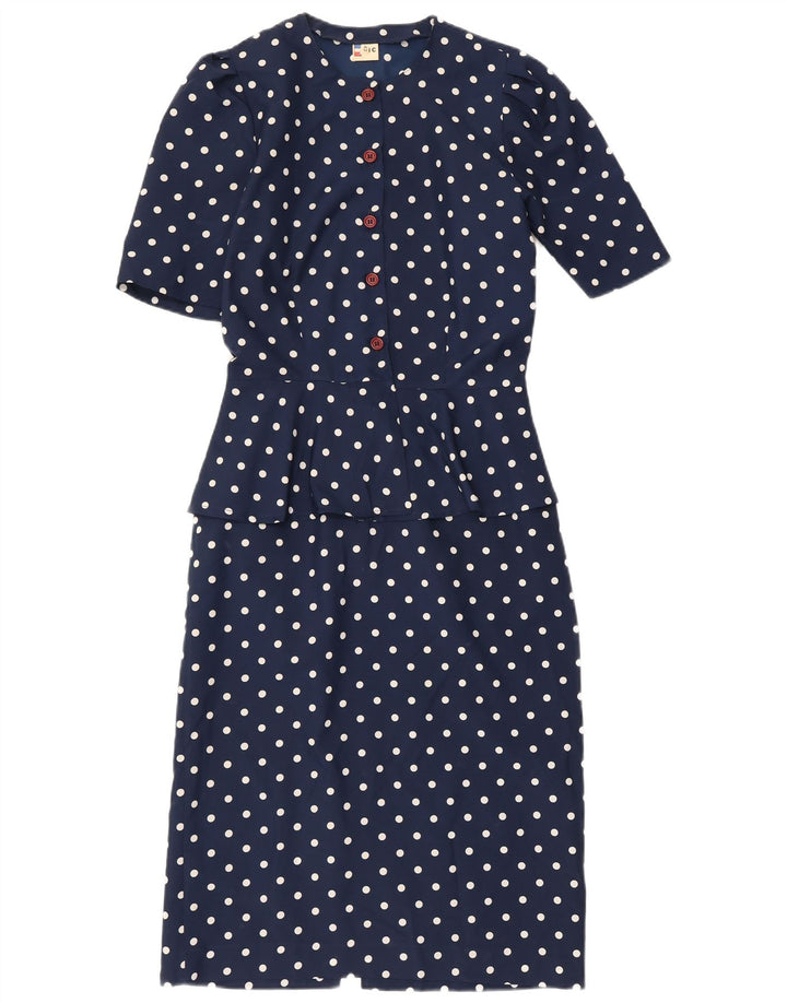 Abito peplo da donna vintage IT 42 Poliestere medio a pois blu navy