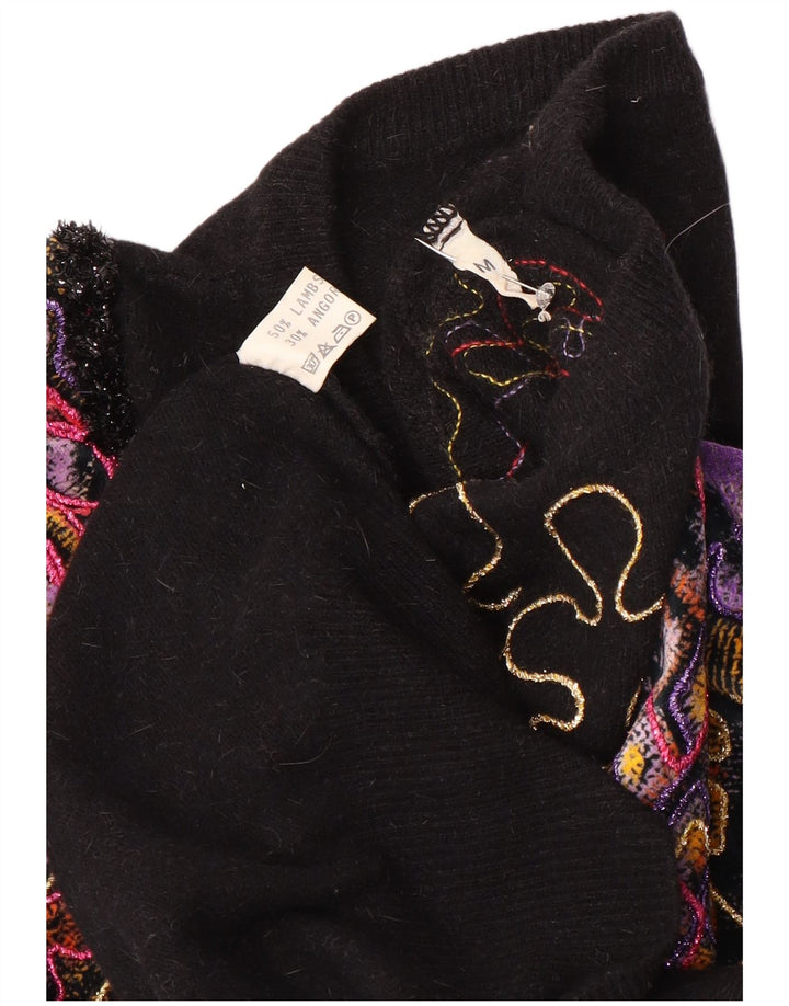 Maglione girocollo da donna vintage con motivo astratto girocollo UK 14 medio nero