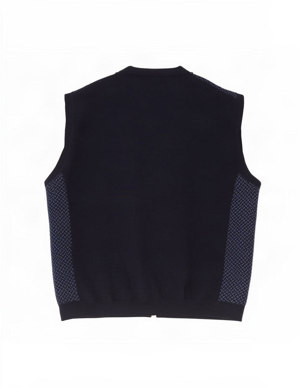 Maglione cardigan senza maniche vintage da uomo grande geometrico blu navy