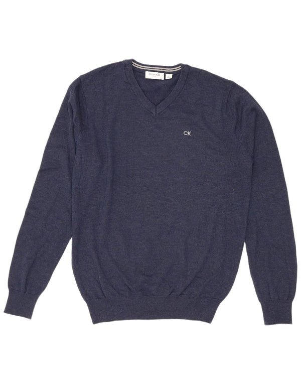 Maglione maglione con scollo a V da golf da uomo Calvin Klein in cotone blu navy medio