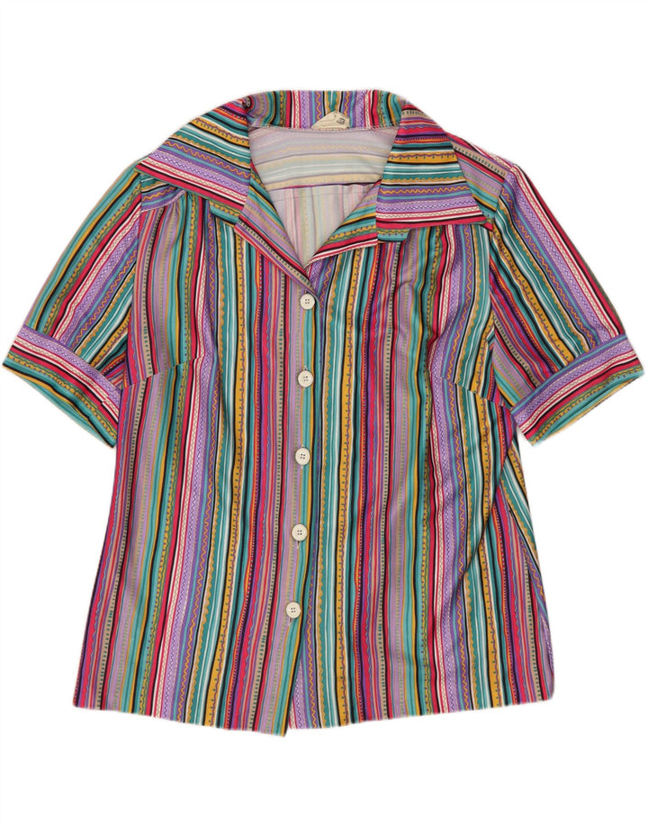Camicia vintage da donna a maniche corte IT 46 a righe grandi multicolori
