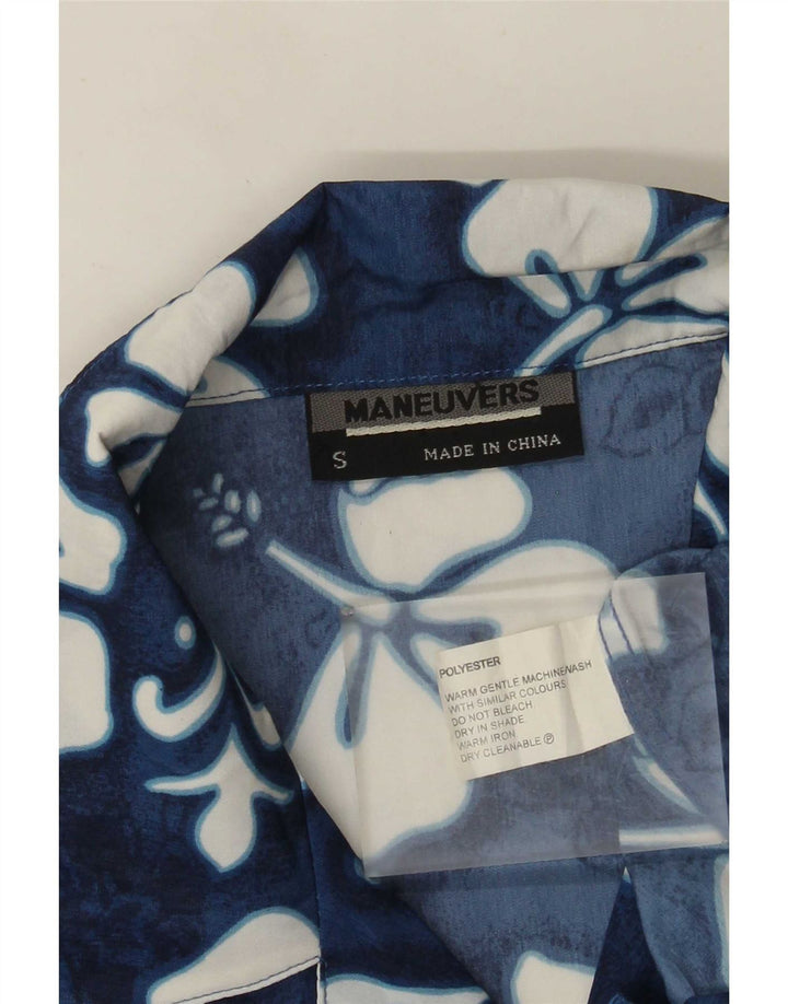 Camicia vintage da uomo a maniche corte in poliestere floreale blu piccolo