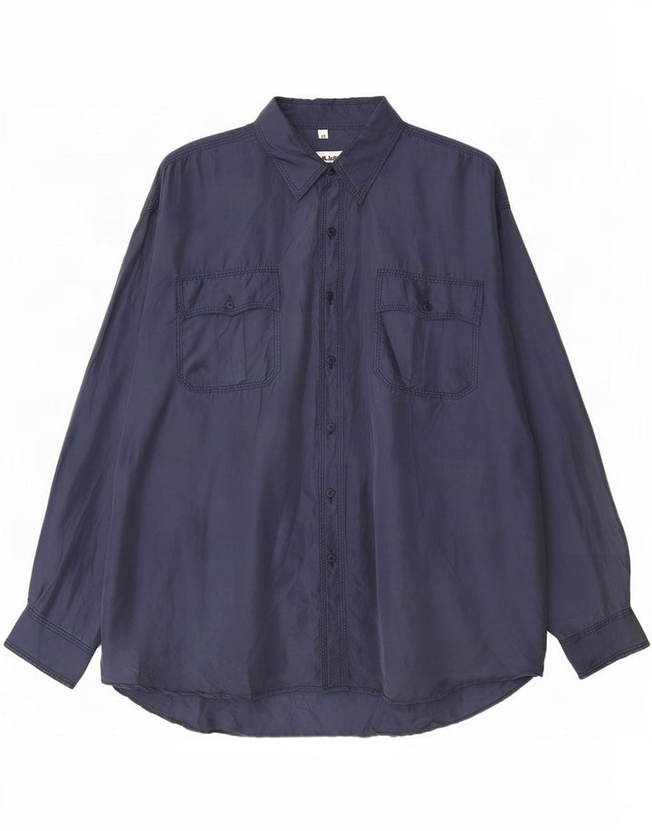 Camicia vintage da uomo XL in seta blu navy