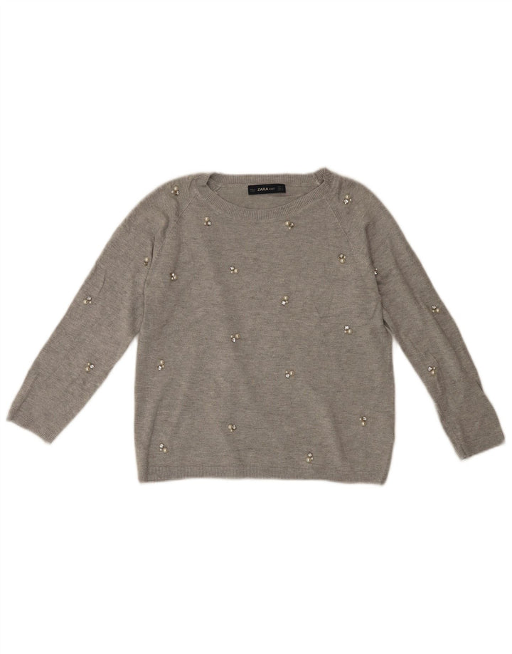 Maglione ZARA da donna con scollo a barca con maniche a 3/4 UK 10 piccolo in viscosa grigia