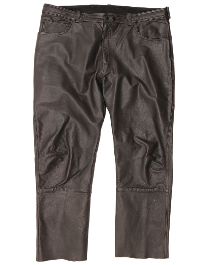 Pantaloni in pelle dritti da uomo VINTAGE W40 L29 in pelle nera