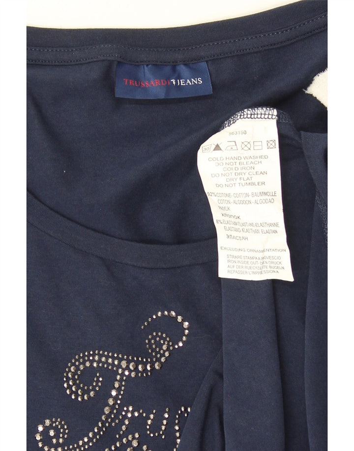 Trussardi Jeans Top Grafico da Donna Manica Lunga UK 12 Medio Blu Navy