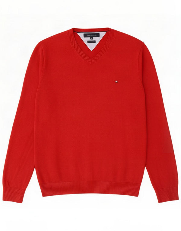 Tommy Hilfiger Mens V-Neck Jumper Sweater Medium Red Cotton