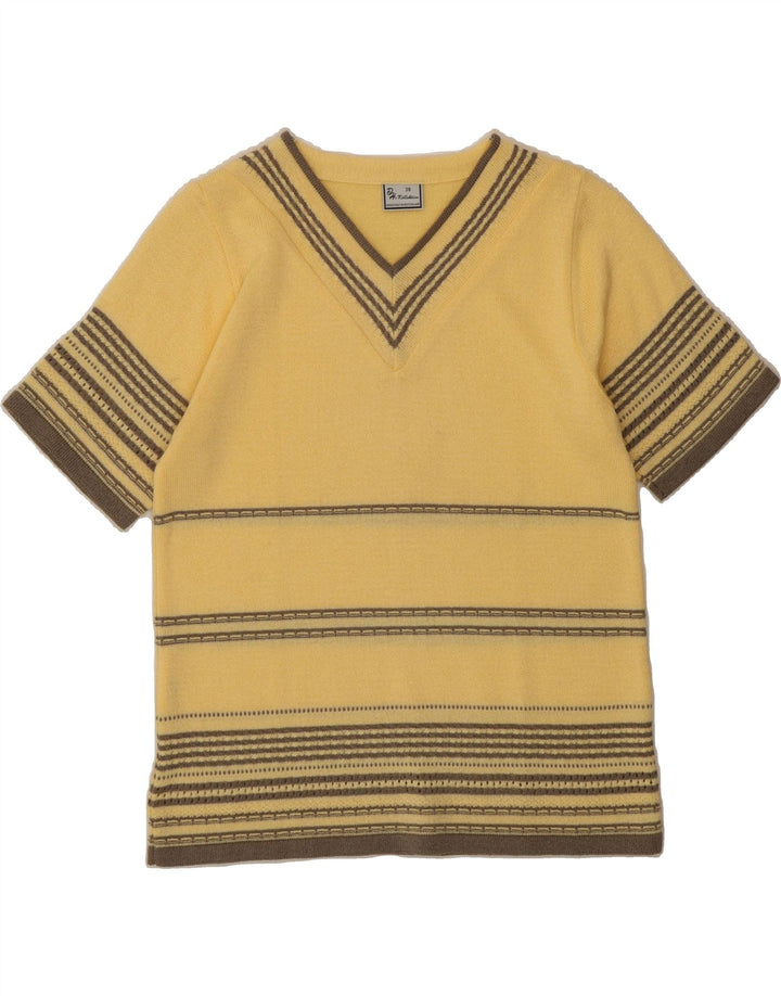 VINTAGE Womens V-Neck Jumper Sweater EU 38 Medium Yellow Striped Vintage Vintage and Second-Hand Vintage from Messina Hembry 