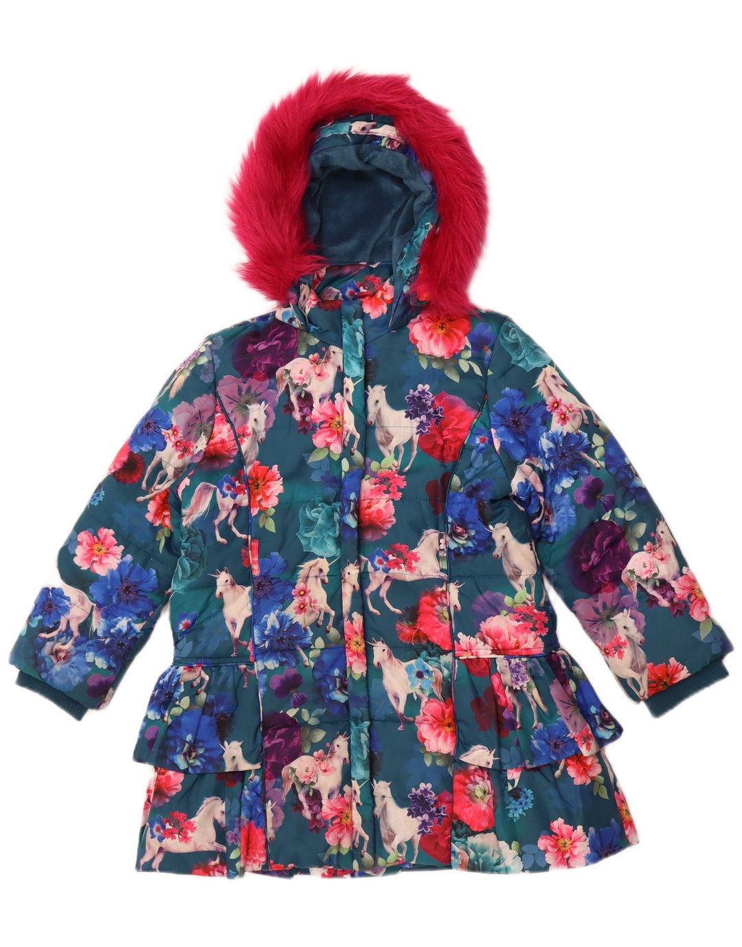 Cappotto imbottito con cappuccio per ragazze Monsoon 7-8 anni in poliestere floreale blu