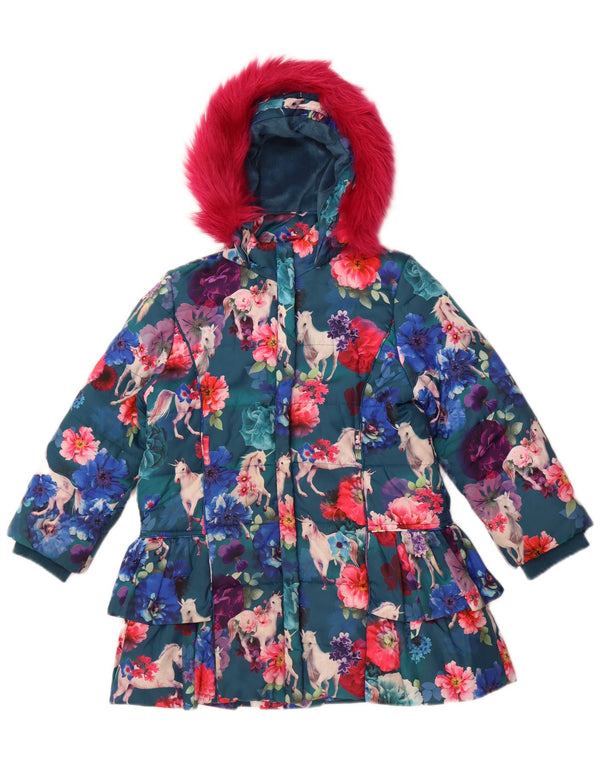 Cappotto imbottito con cappuccio per ragazze Monsoon 7-8 anni in poliestere floreale blu