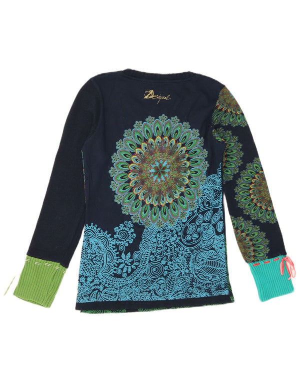 Desigual Donna Graphic Top Manica Lunga UK 12 Medio Blu Navy Paisley