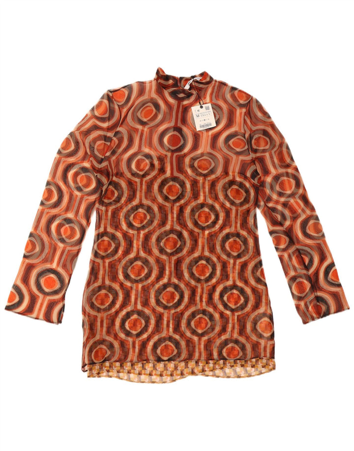 Top tunica a maniche lunghe da donna Zara UK 12 Poliestere geometrico marrone medio