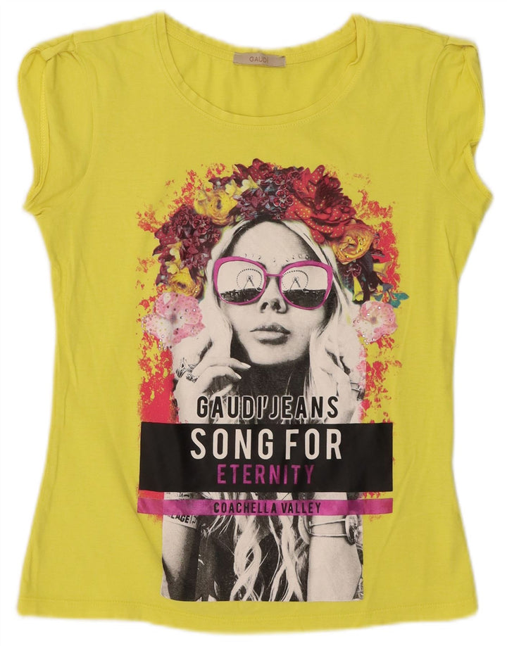 T-shirt grafica da donna Gaudi Top piccola in cotone giallo