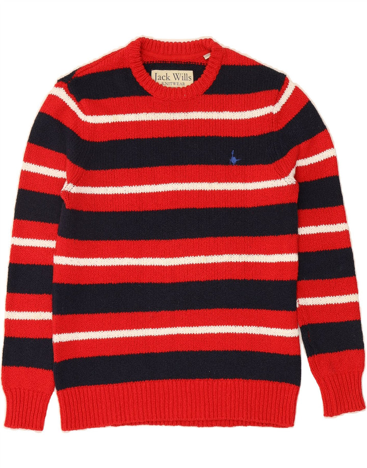 JACK WILLS Mens Crew Neck Jumper Sweater Small Red Striped Cotton Vintage Jack Wills and Second-Hand Jack Wills from Messina Hembry 