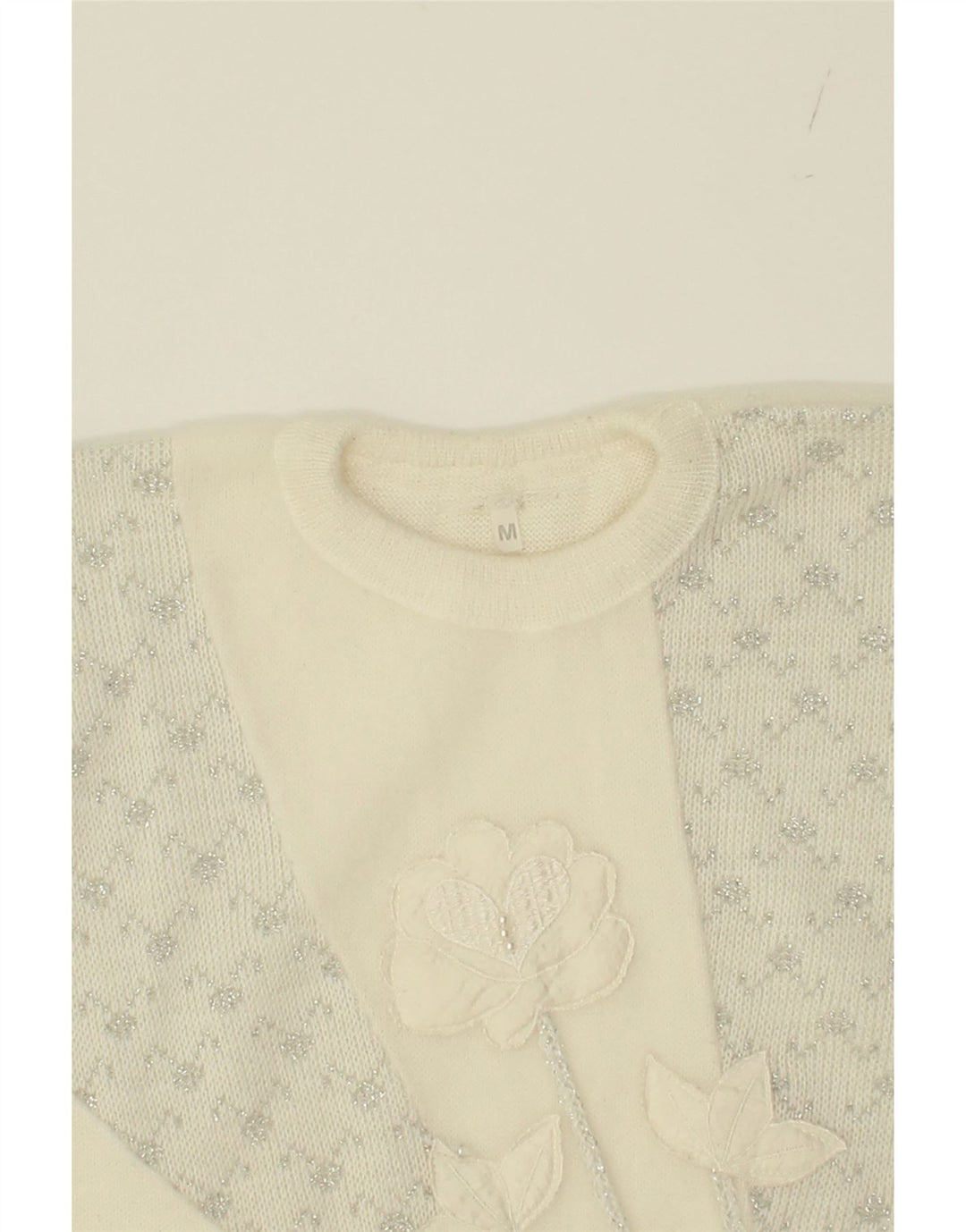 VINTAGE Womens Crew Neck Jumper Sweater UK 14 Medium White Floral Vintage Vintage and Second-Hand Vintage from Messina Hembry 