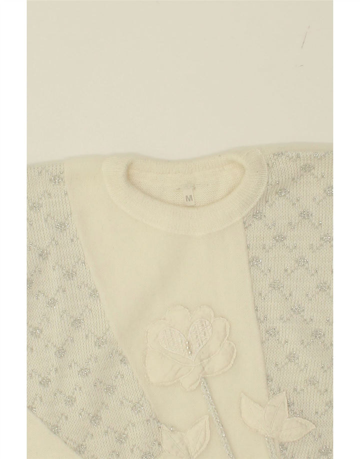 VINTAGE Womens Crew Neck Jumper Sweater UK 14 Medium White Floral Vintage Vintage and Second-Hand Vintage from Messina Hembry 