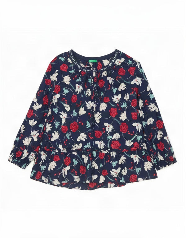 Camicetta da donna con maniche a 3/4 Benetton Top UK 18 XL Cotone floreale blu navy