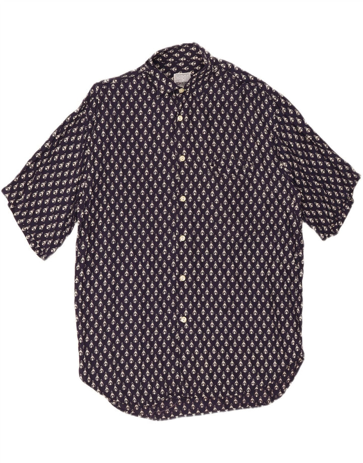 Camicia a maniche corte da uomo con motivo astratto VINTAGE in viscosa blu navy medio