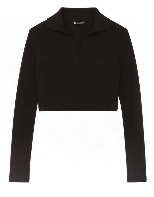 Zara Womens Crop Long Sleeve Polo Shirt UK 12 Medium Black Cotton