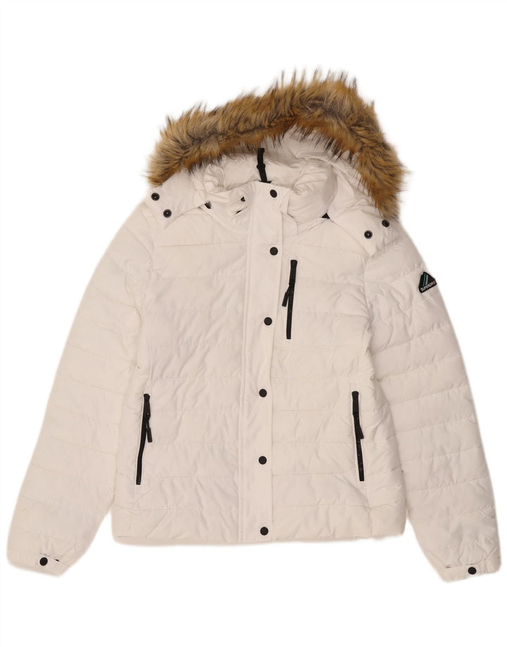 Giacca imbottita con cappuccio da donna SUPERDRY UK 14 Poliestere bianco medio