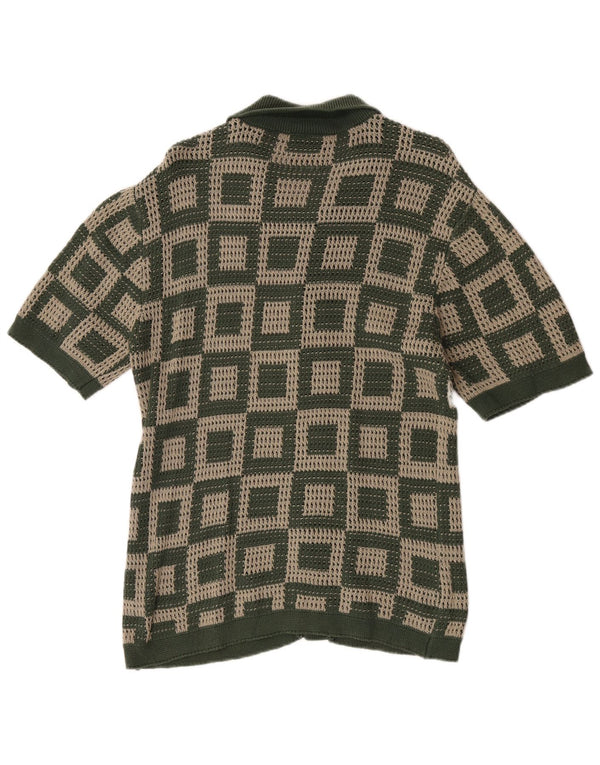 Maglione cardigan a maniche corte da uomo vintage in cotone geometrico verde medio
