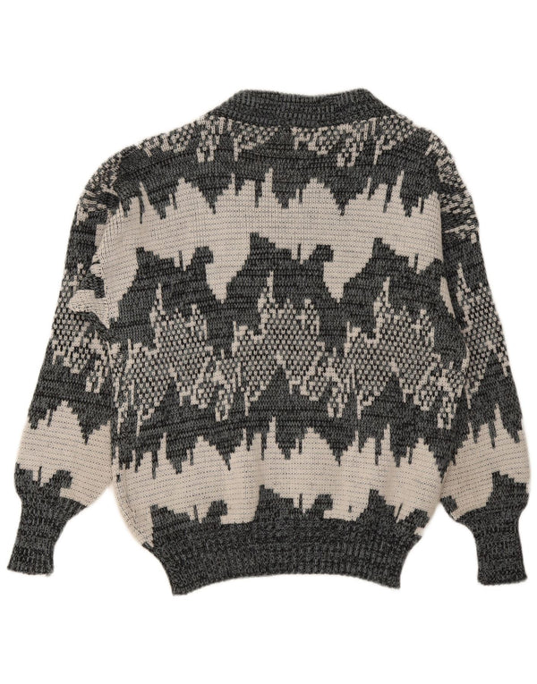 Maglione da uomo vintage con motivo astratto con scollo a V, grigio medio geometrico