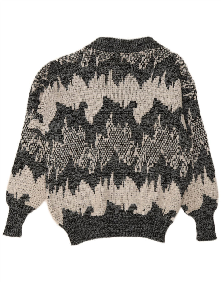 Maglione da uomo vintage con motivo astratto con scollo a V, grigio medio geometrico
