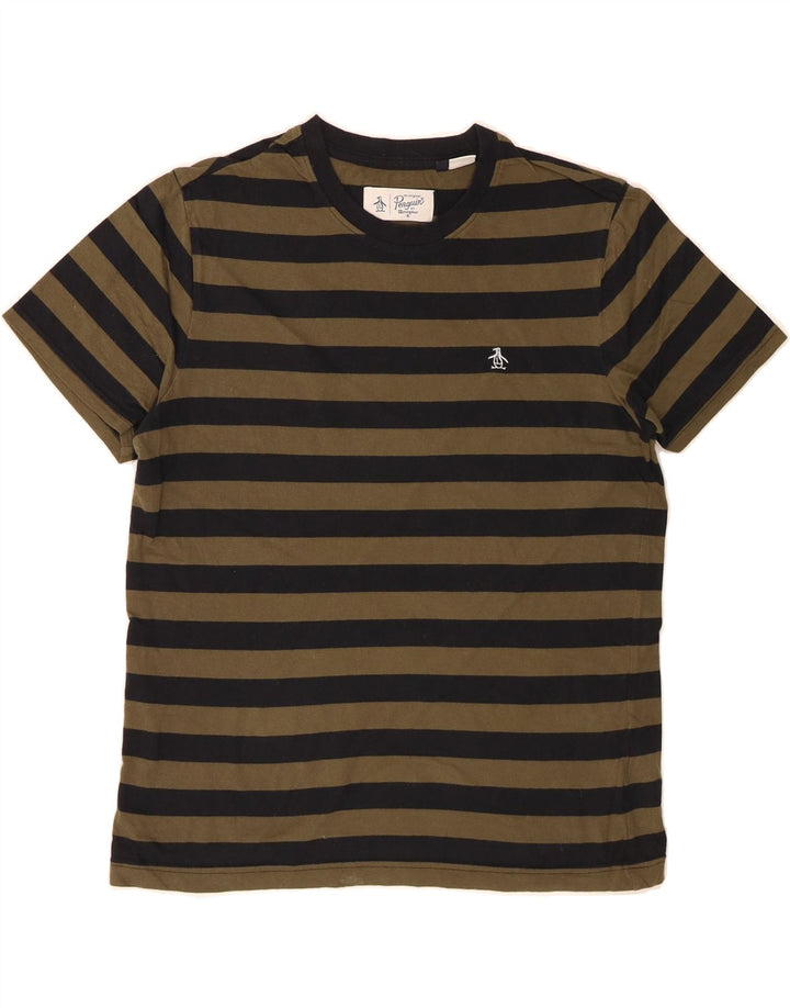 PENGUIN Mens T-Shirt Top Medium Khaki Striped Cotton Vintage Penguin and Second-Hand Penguin from Messina Hembry 